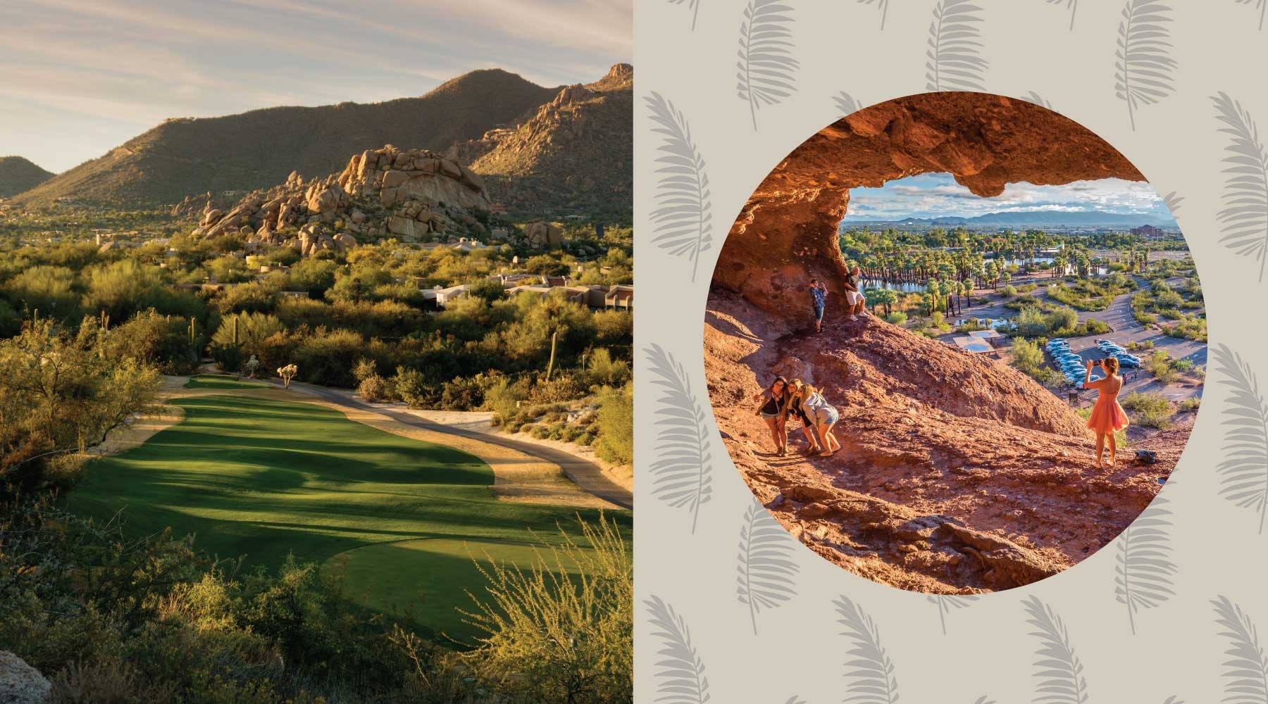 A collage of two images of a golf course with a desert and mountain view and hiking near The Catherine Scottsdale townhomes.