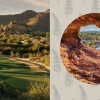 A collage of two images of a golf course with a desert and mountain view and hiking near The Catherine Scottsdale townhomes.